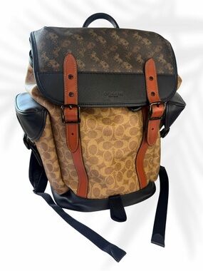 Coach Brown Signature Canvas Backpack with Black Trim and Tan Leather